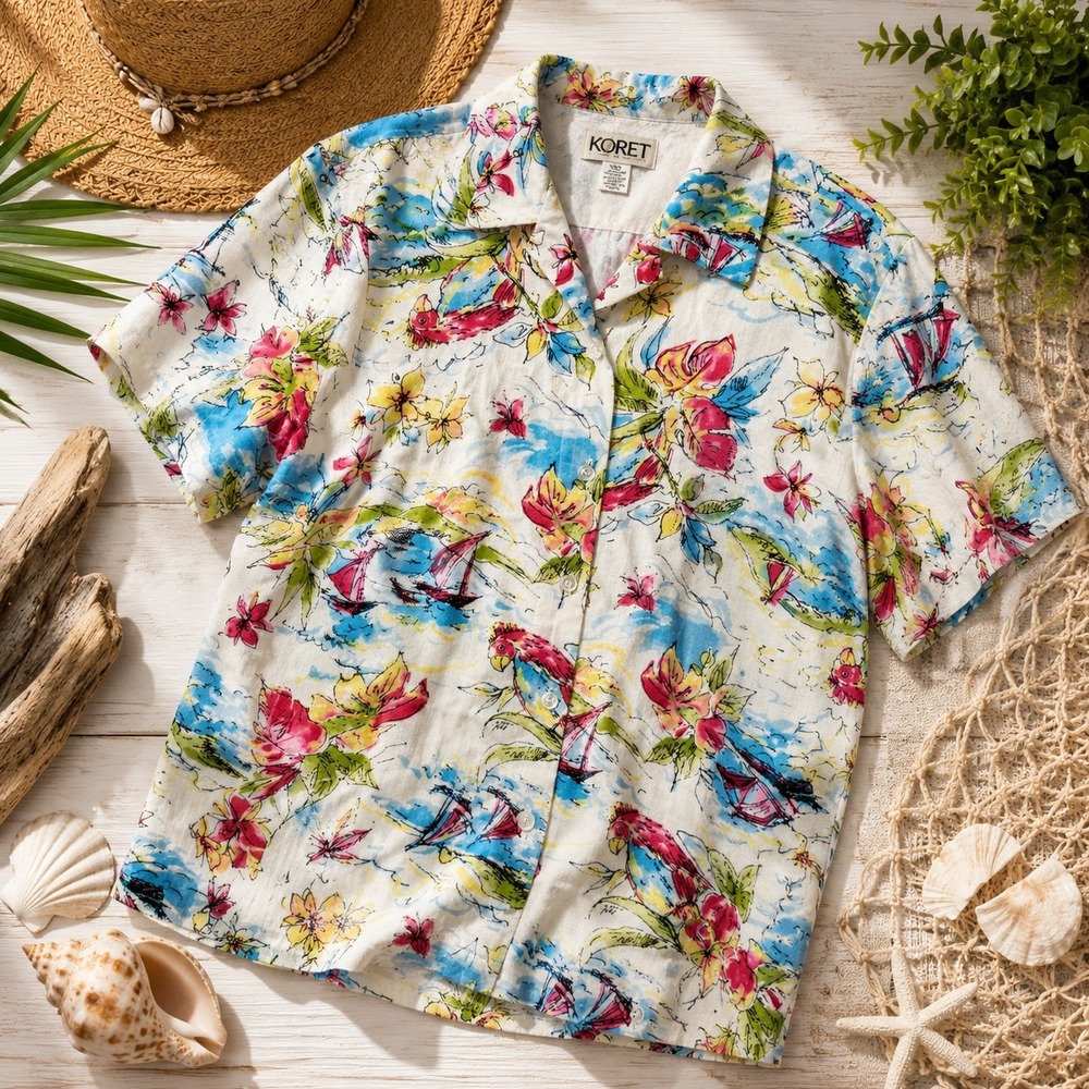 Vintage Tropical Parrot Sailboat Shirt L Coastal Grandma Hawaiian‎ Resort